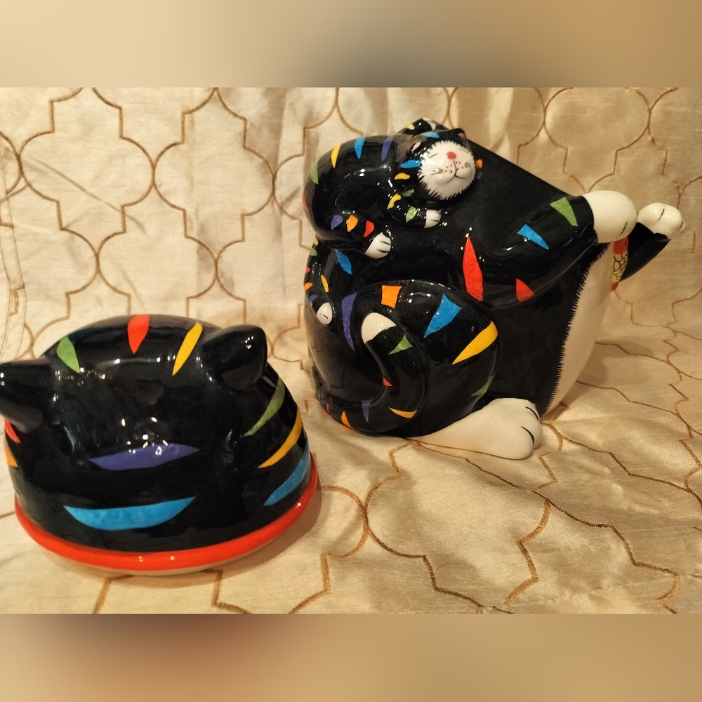 Vintage CKAO Black Cat With Multi Color Strip Ceramic Cookie Jar - Picture 8 of 13